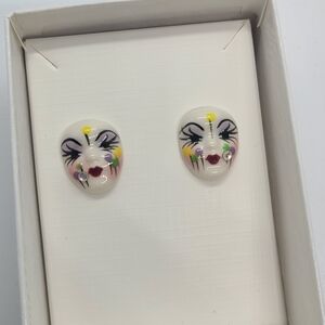 Vintage Fancy Faces Hand Painted Porcelian Mardi Gras Mask Stud Earrings